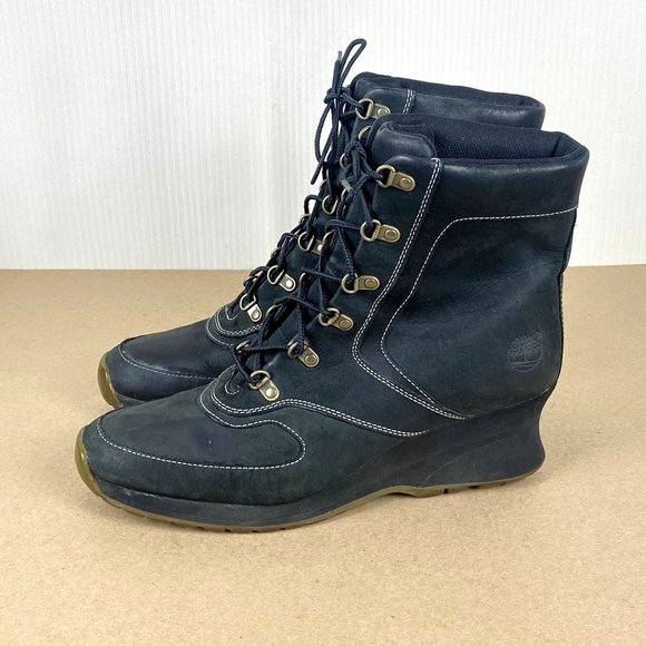 Timberland Leather Wedge Boot Womens 9.5 Black Lace Up - Picture 1 of 10